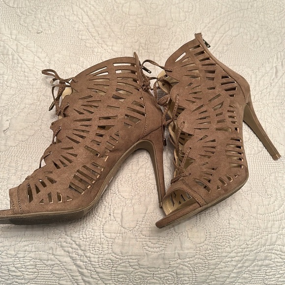 Beige Suede Charlotte Russe Cage Style Lace Up Heeled Booties - Picture 2 of 8